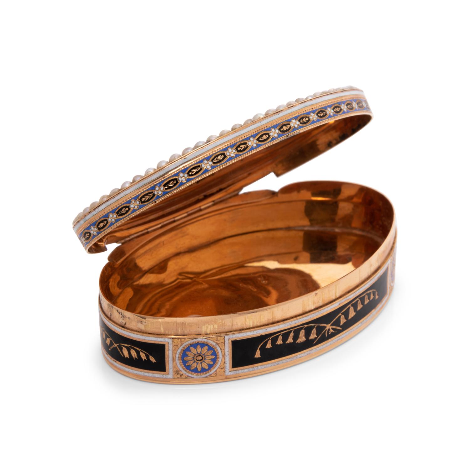 A Swiss Gold, Enamel and Split-Pearl Mounted Snuff Box