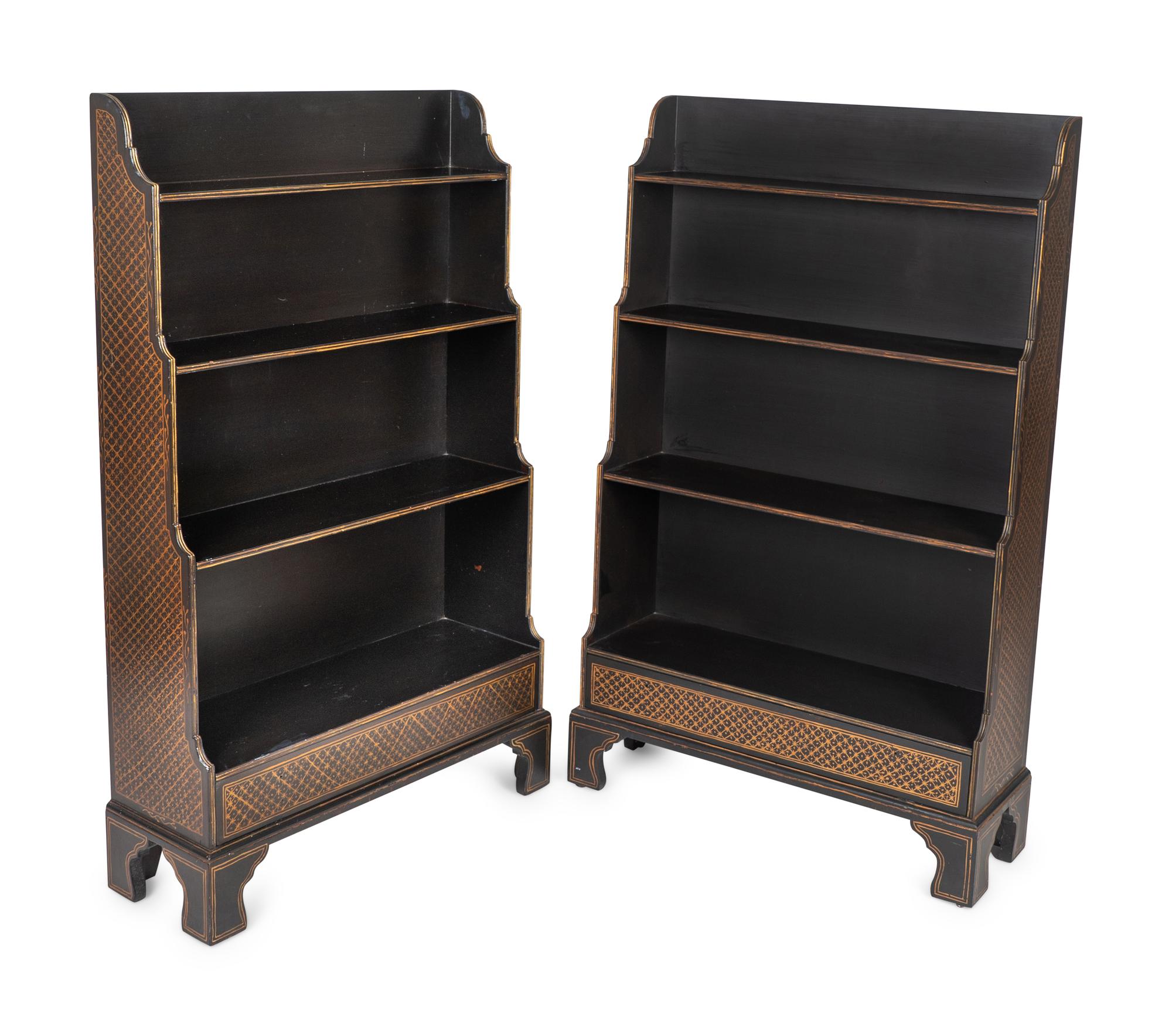 A Pair of Regency Style Ebonized and Gilt Waterfall Book Shelves — 19TH/20TH CENTURY