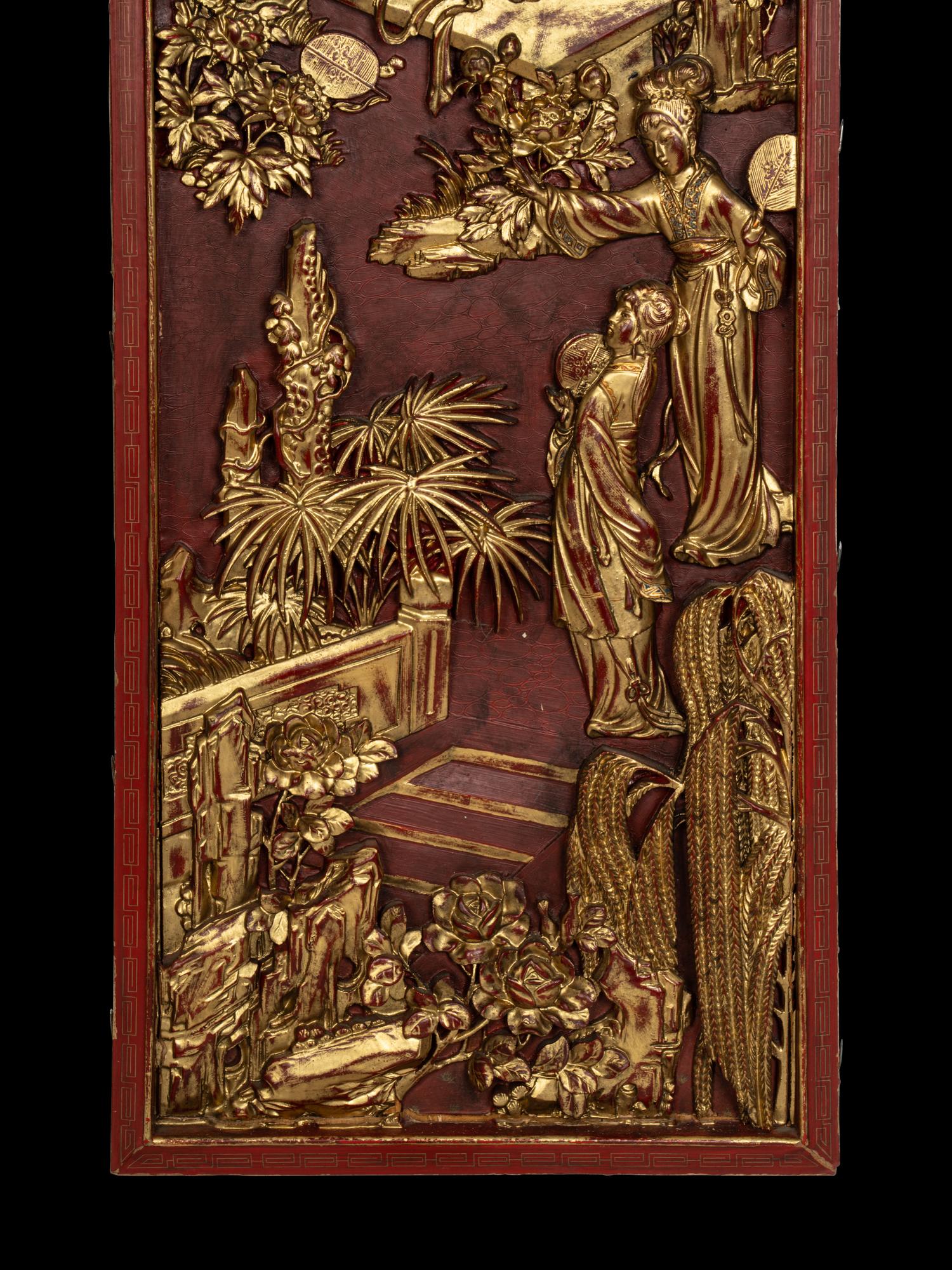 Two Pairs of Chinese Gilt and Red Lacquered Wood Panels