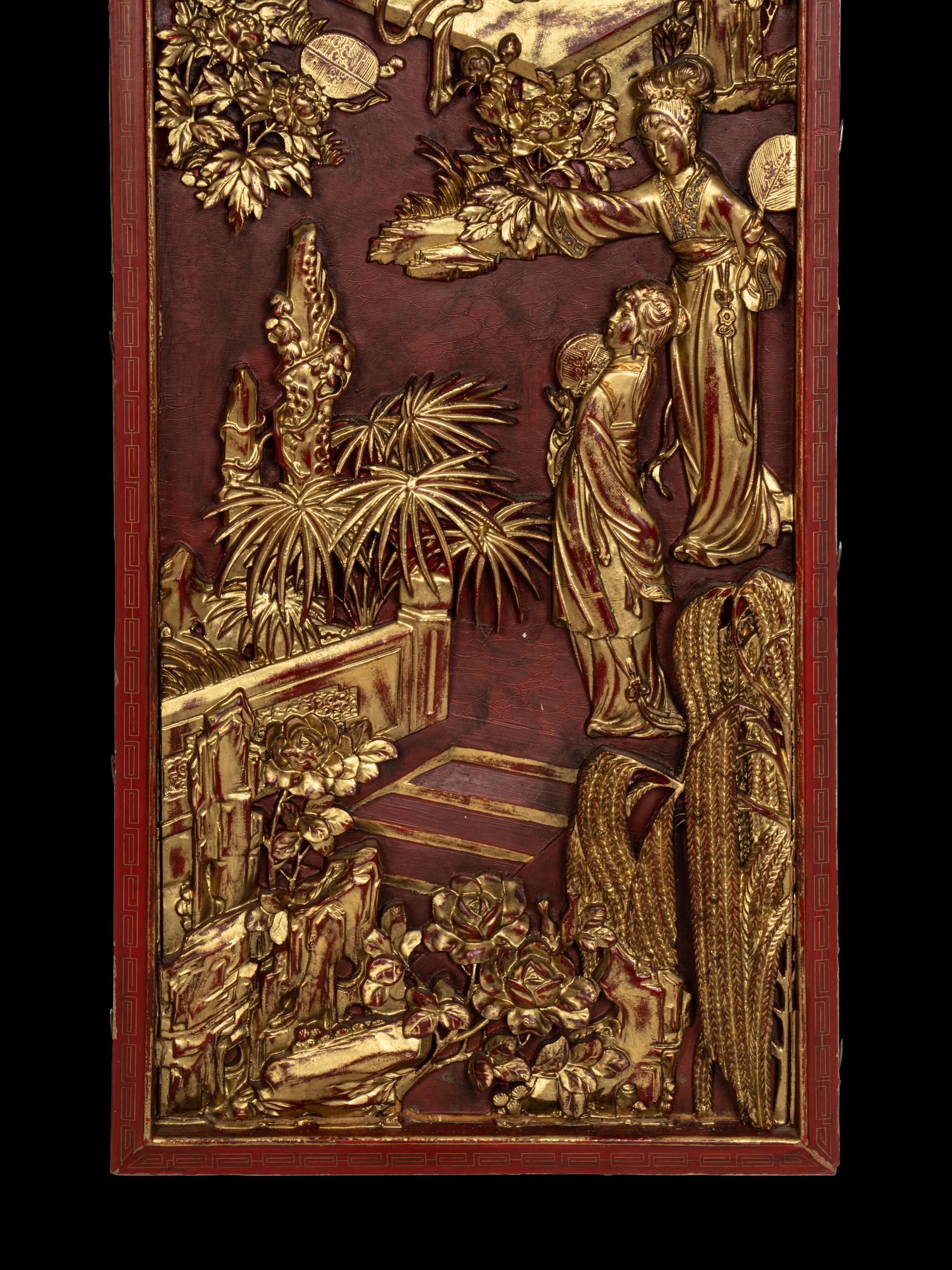 Two Pairs of Chinese Gilt and Red Lacquered Wood Panels