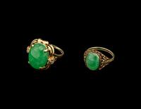 Two Chinese Apple Green Jadeite Inset Gold Mounted Rings