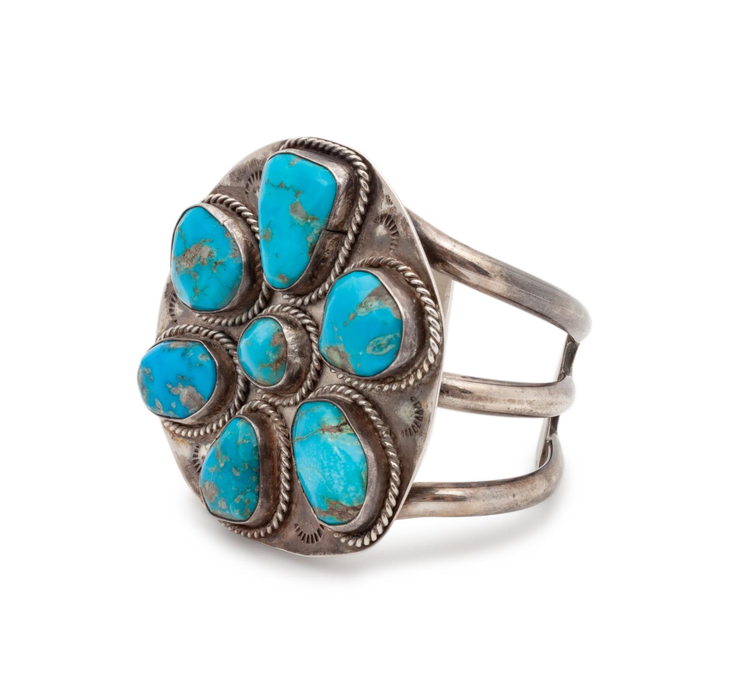 Navajo Silver and Turquoise Cluster Cuff Bracelet