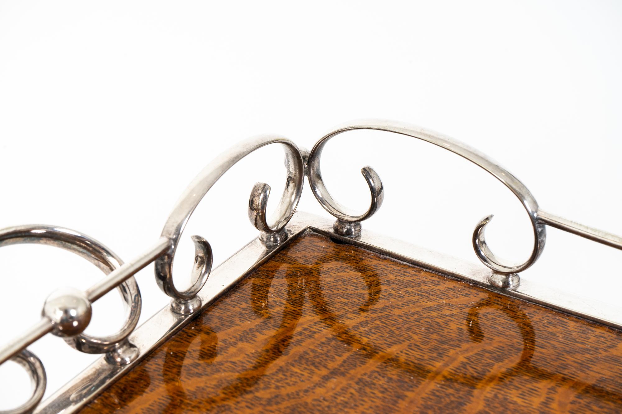 An English Silverplate Mounted Mahogany Tray on a Faux-Bamboo Stand — 20TH CENTURY