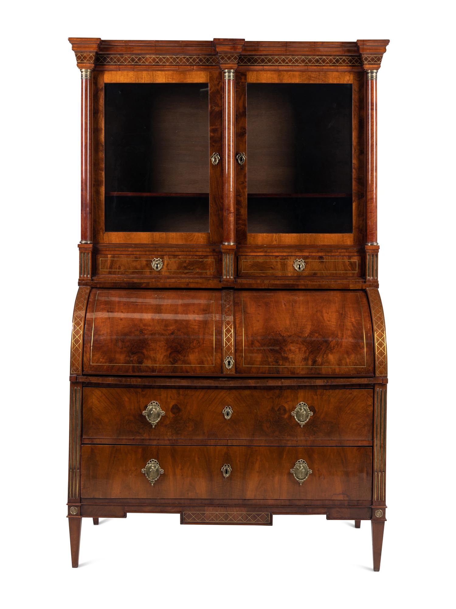 A Russian Neoclassical Brass-Inlaid Walnut Bureau Bookcase