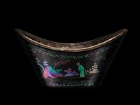 A Set of Six Mother-of-Pearl Inlaid Black Lacquer Ingot-Form Cups