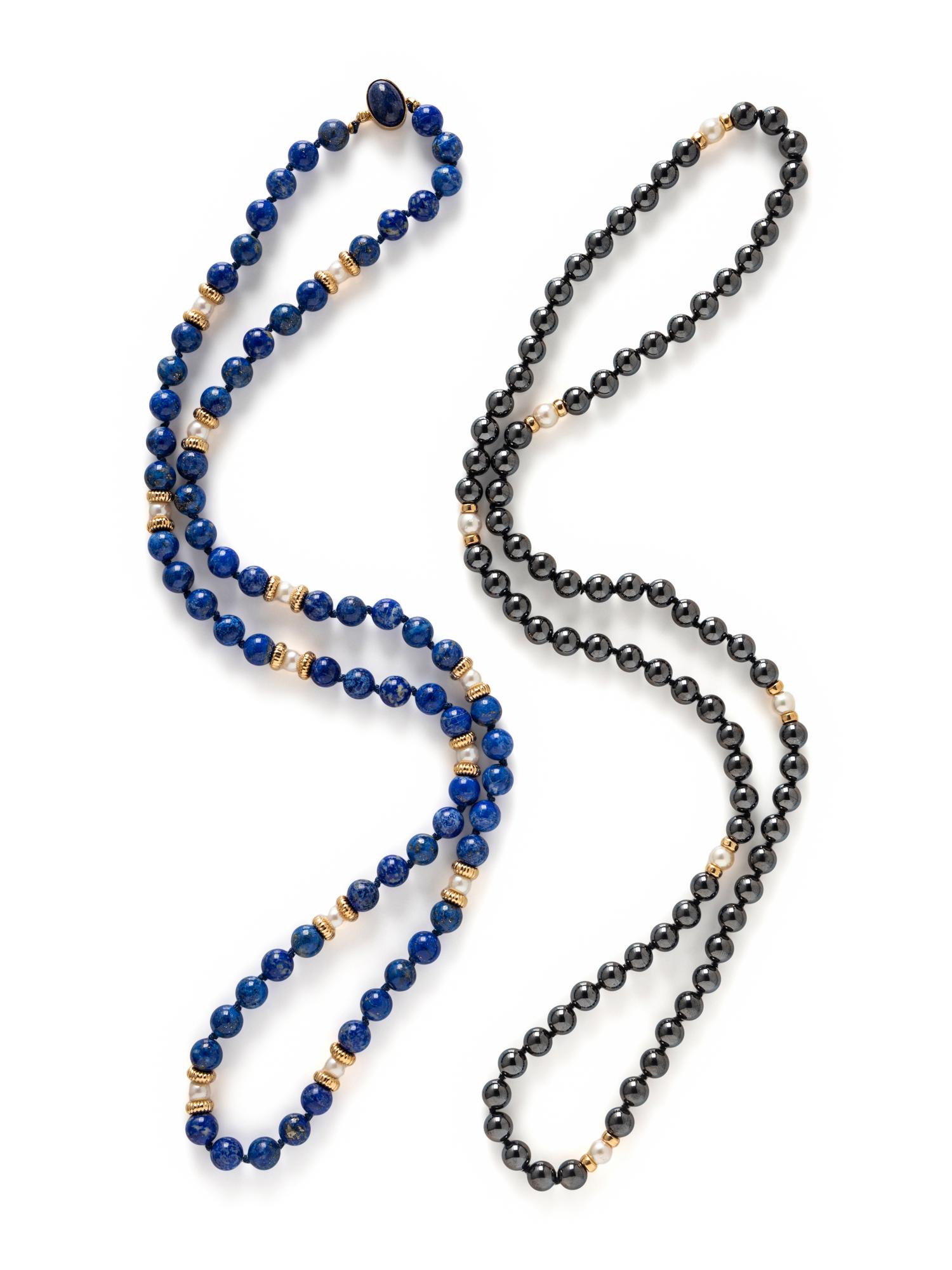 YELLOW GOLD, CULTURED PEARL, HEMATITE, AND LAPIS LAZULI BEAD NECKLACES