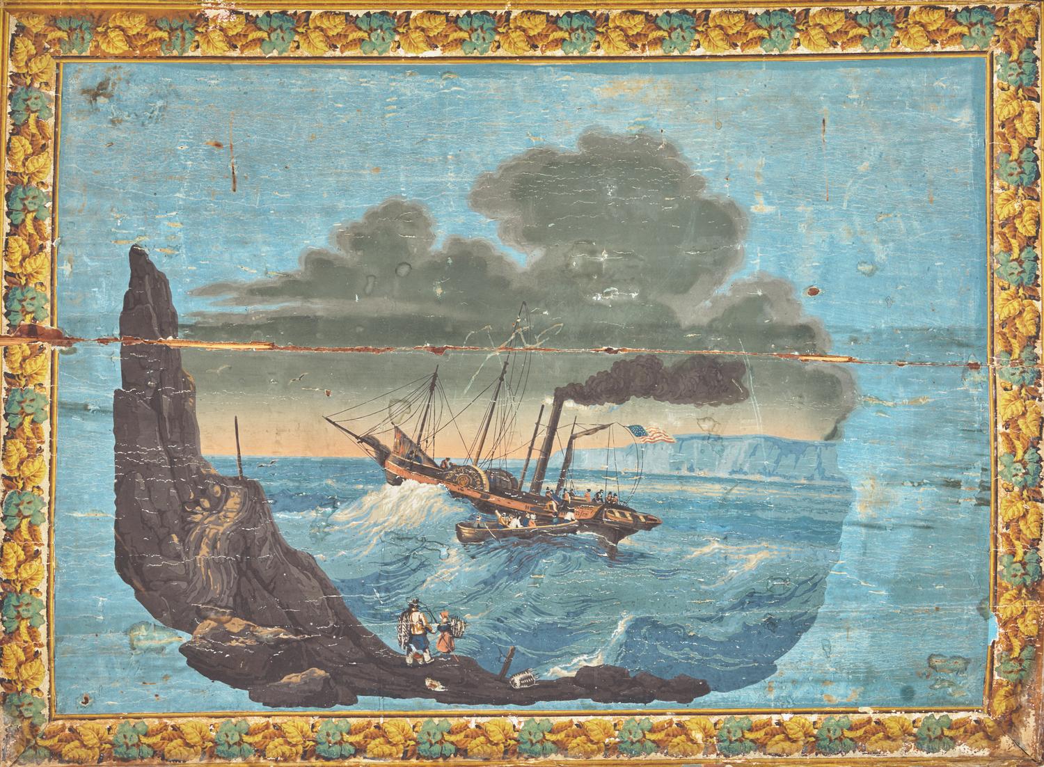 A Wallpaper-Covered Fireboard Depicting the "Robert Fulton" in Rough Waters