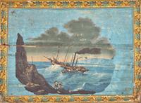 A Wallpaper-Covered Fireboard Depicting the "Robert Fulton" in Rough Waters