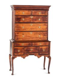 A Queen Anne Cherrywood and Maple Flat Top High Chest with Cornice Drawer