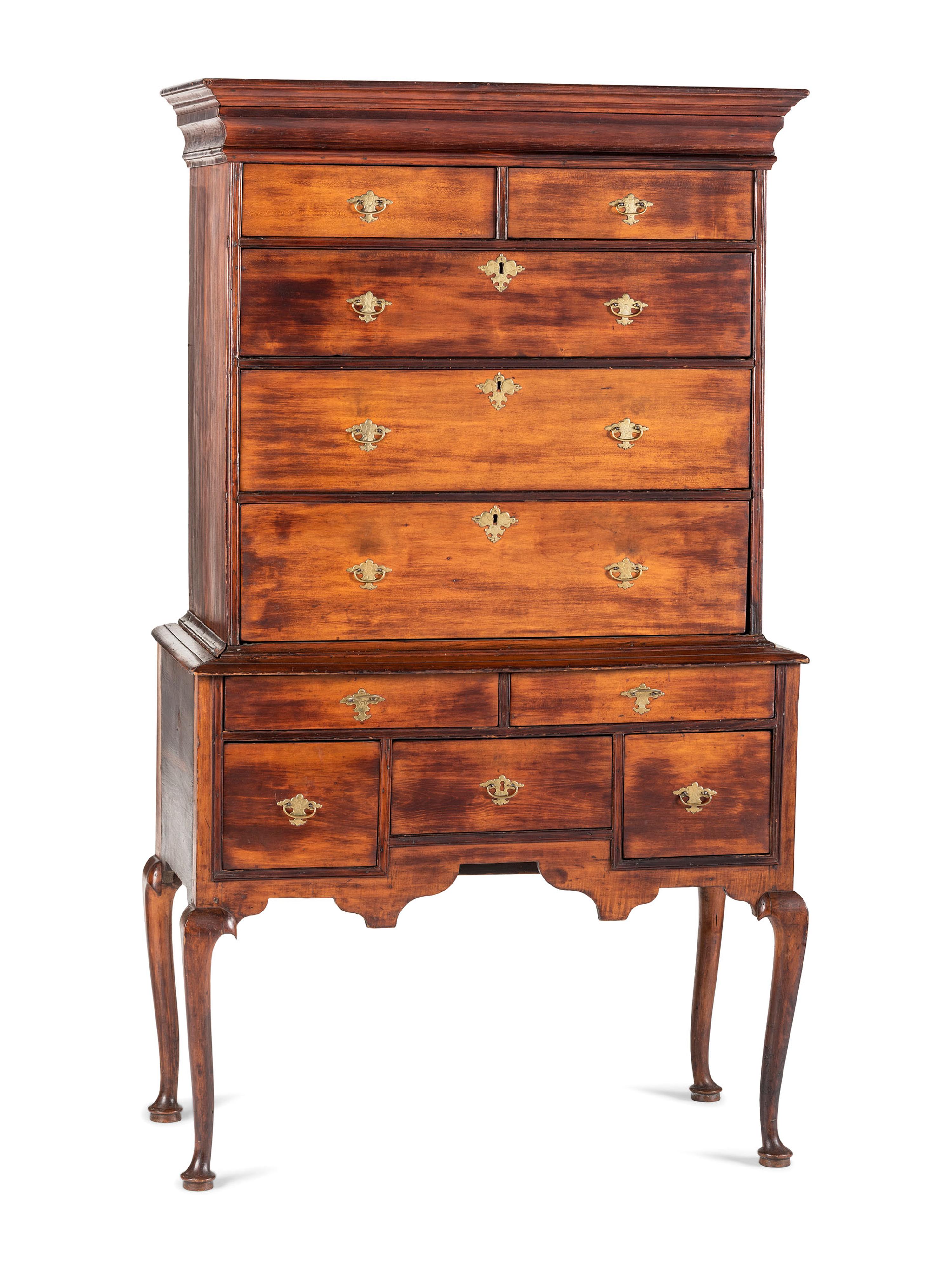 A Queen Anne Cherrywood and Maple Flat Top High Chest with Cornice Drawer