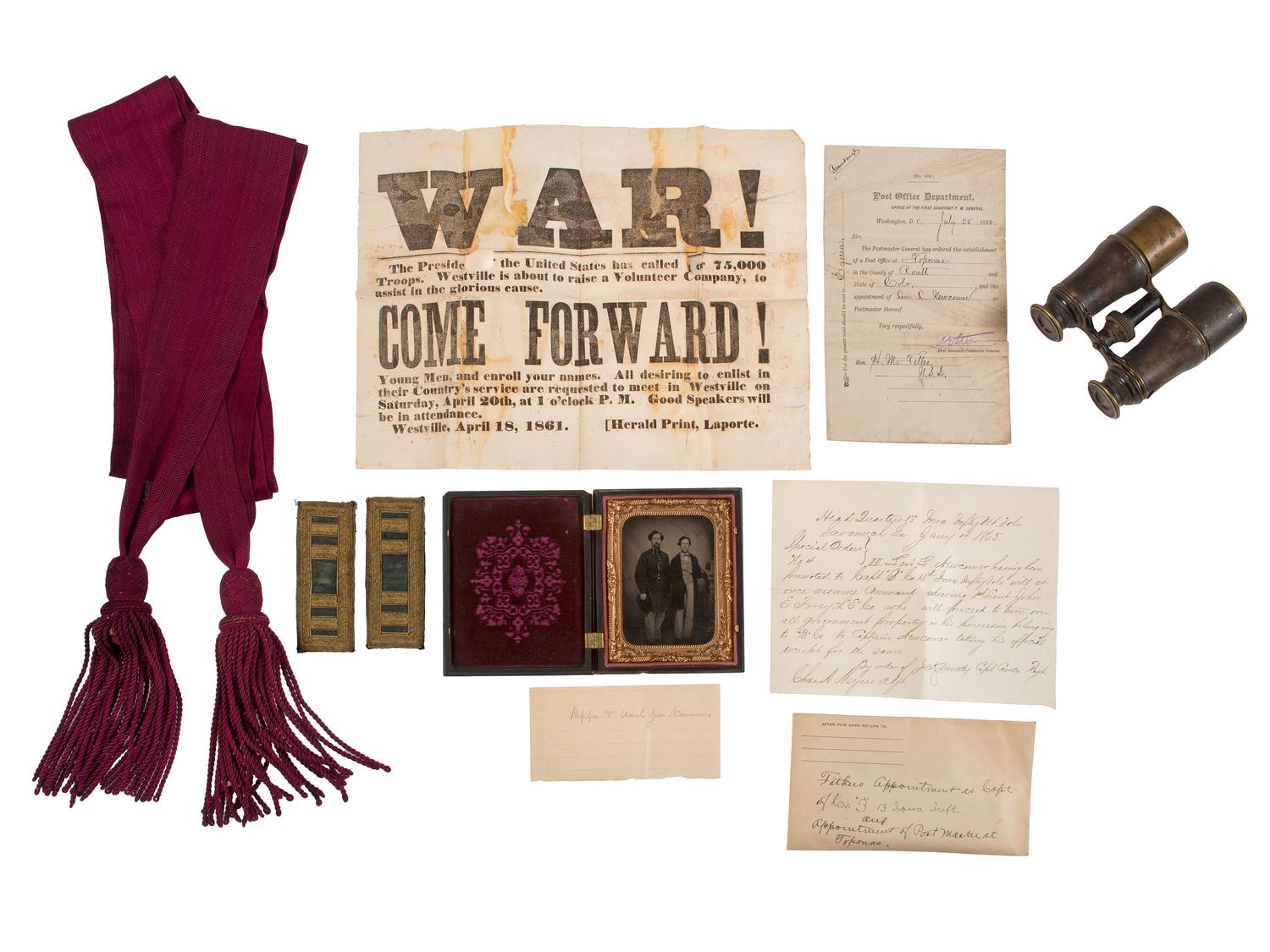 [CIVIL WAR]. An archive of items related to Captain Levi Newcomer of the 13th Iowa Infantry Regiment, which saw nearly every major battle in the western theater of the war, incl. shoulder straps and broadside.