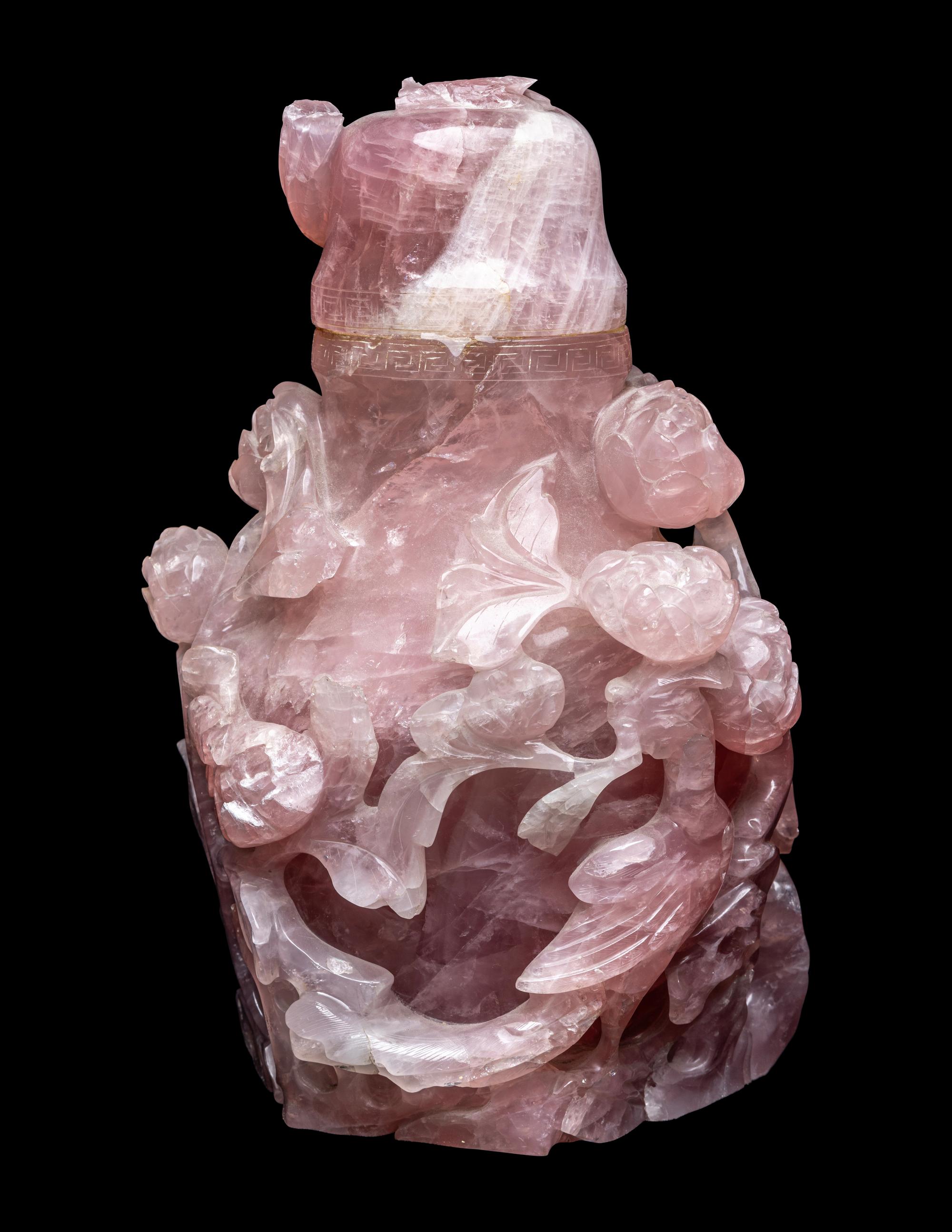 A Large Chinese Rose Quartz Covered 'Flower' Vase