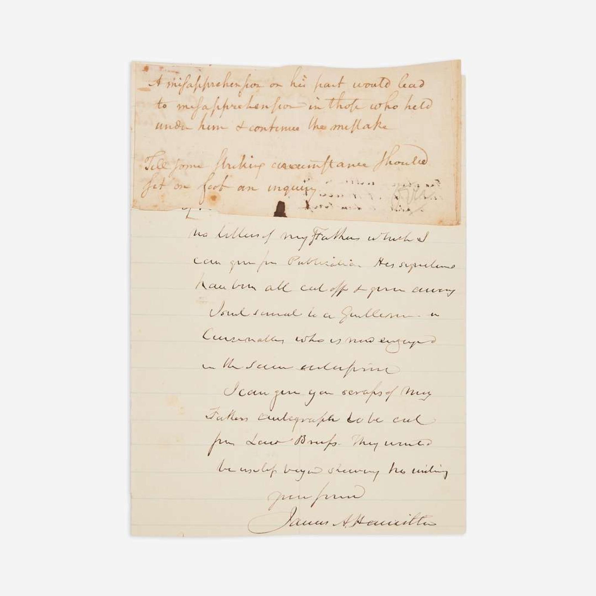 [Americana] Hamilton, Alexander, and James Alexander Hamilton Fragment of Autograph Notes