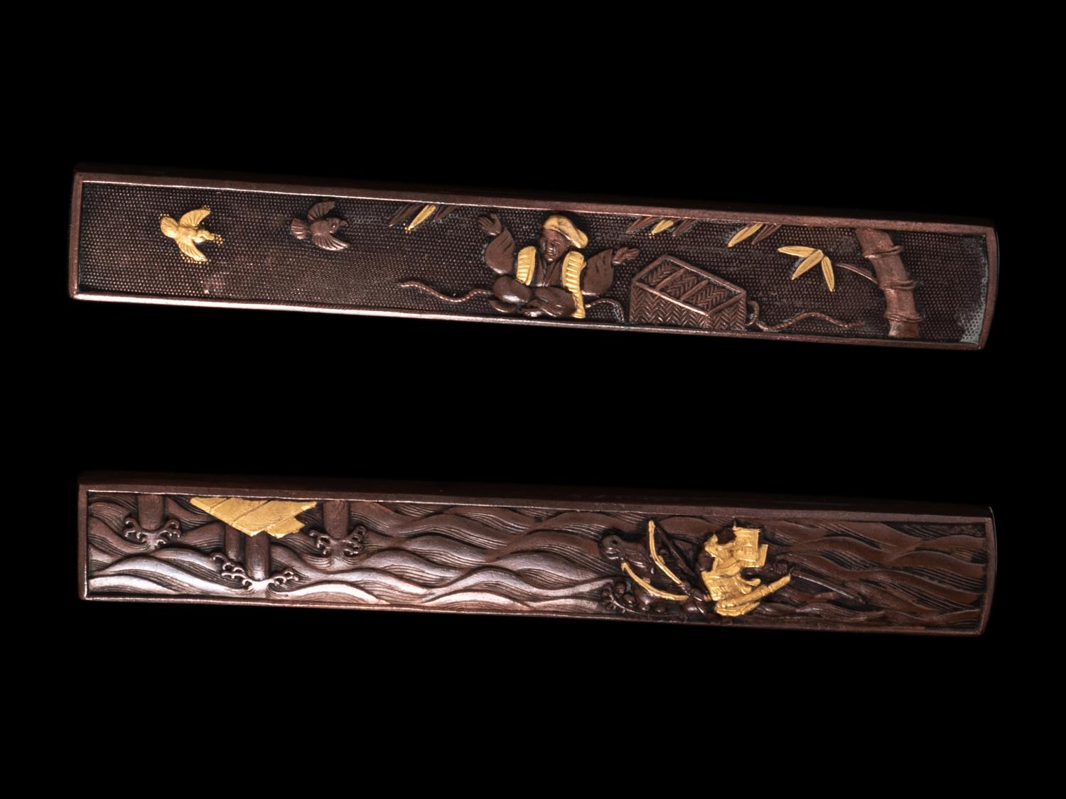 Eight Japanese Mixed-Metal Sword Fittings and Netsuke