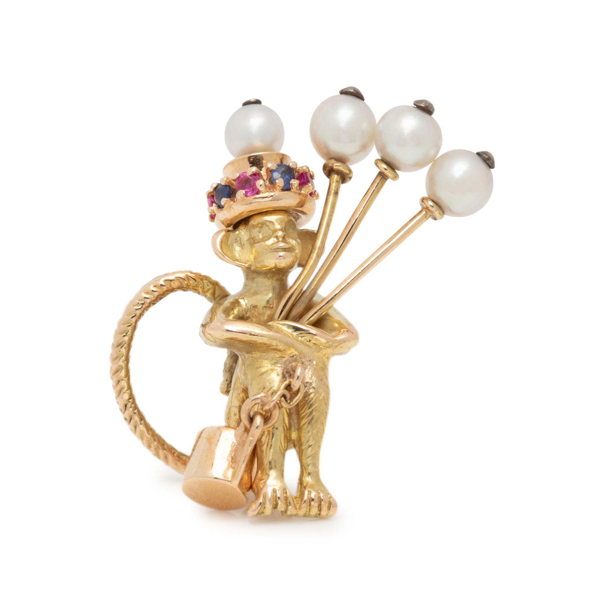 YELLOW GOLD AND MULTIGEM MONKEY BROOCH