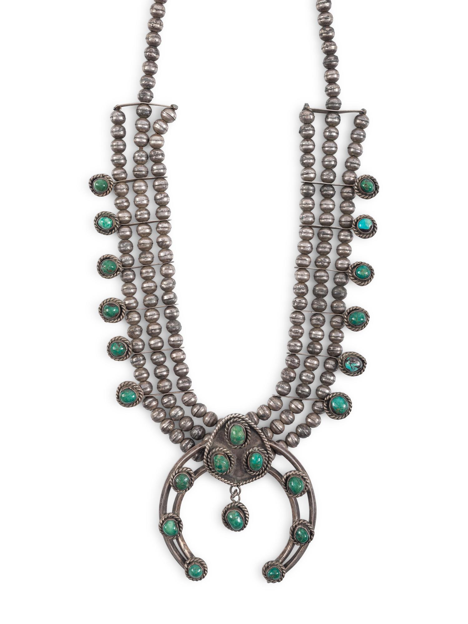 Navajo Silver and Turquoise Squash Blossom Necklace
