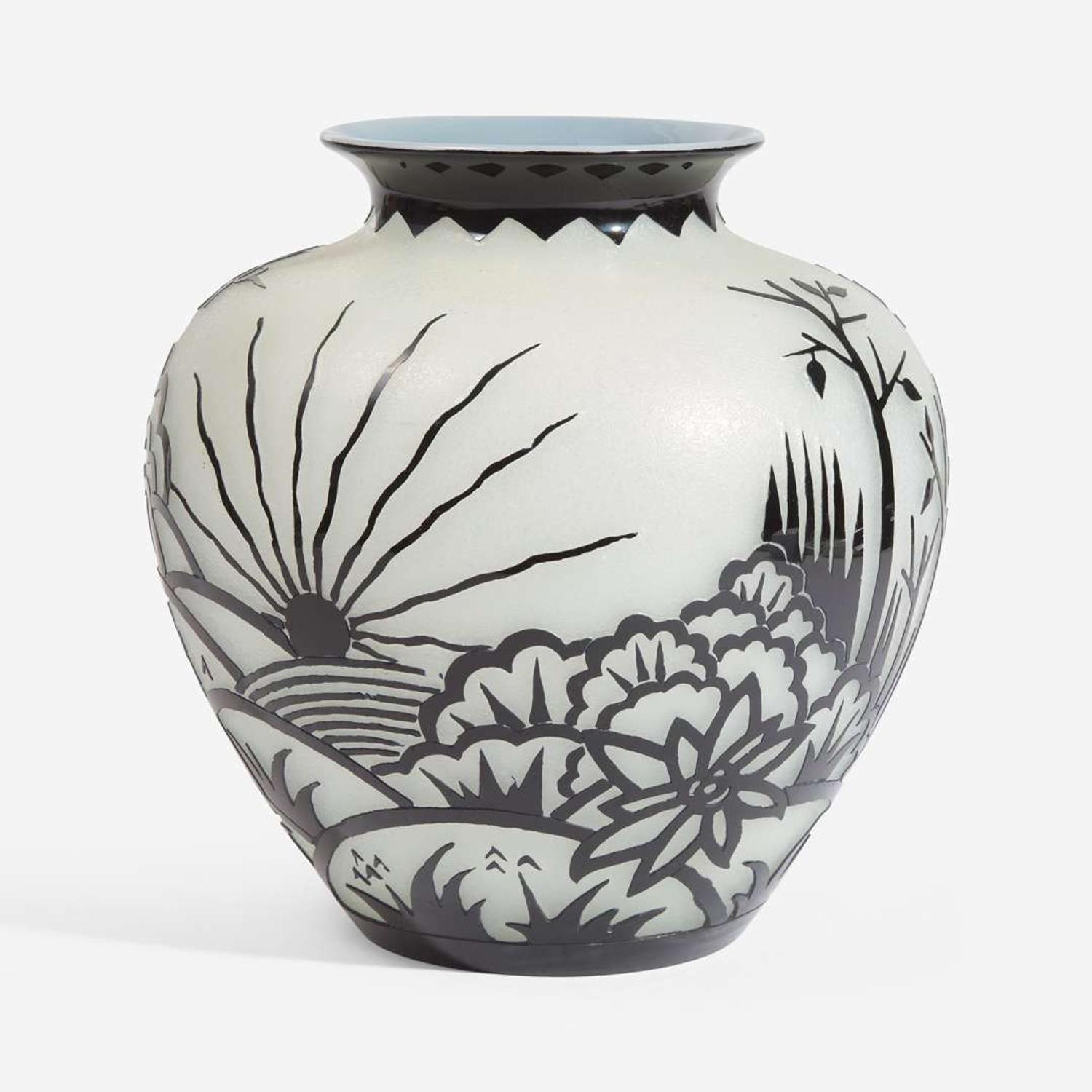 Frederick Carder (British, 1863-1963) Mirror Black over Alabaster Vase, "Hunting" Pattern, Steuben, USA, circa 1927-1932