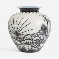 Frederick Carder (British, 1863-1963) Mirror Black over Alabaster Vase, "Hunting" Pattern, Steuben, USA, circa 1927-1932