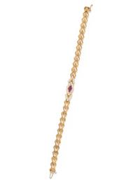 YELLOW GOLD, SYNTHETIC RUBY AND DIAMOND BRACELET