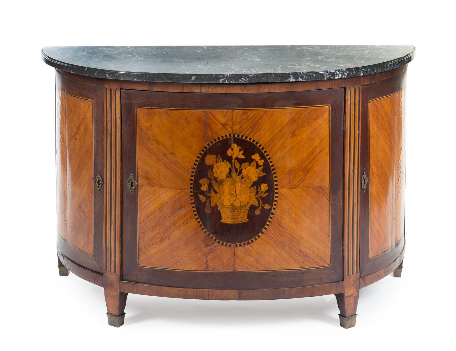 An Adam Style Marquetry Console Cabinet Height 35 1/2 x width 52 1/4 x depth 23 1/2 inches.