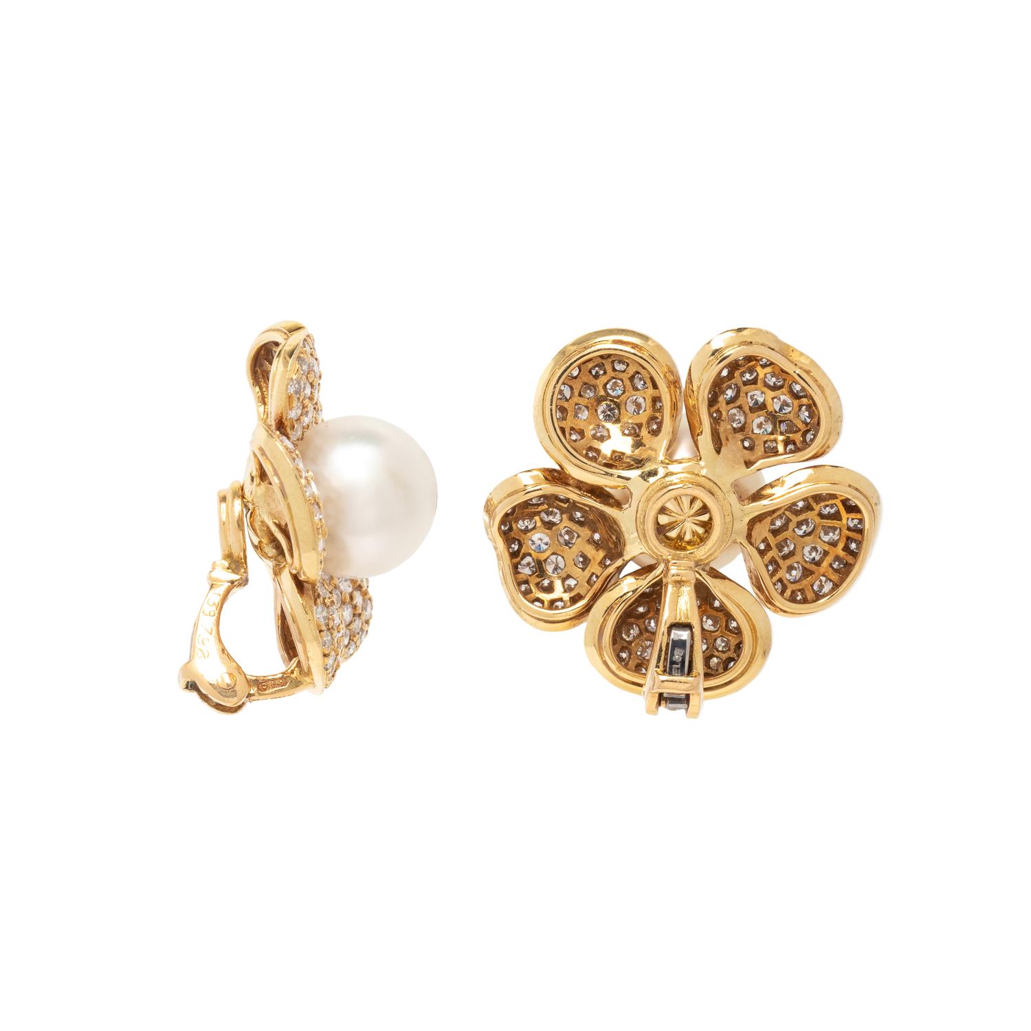 CULTURED PEARL, DIAMOND AND YELLOW GOLD FLOWER CLIP EARRINGS