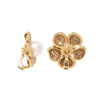 CULTURED PEARL, DIAMOND AND YELLOW GOLD FLOWER CLIP EARRINGS