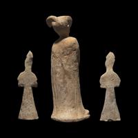 Three Chinese Pottery Figures of Court Ladies, Possibly Tang Dynasty 或 為 唐 彩陶侍女俑三尊
