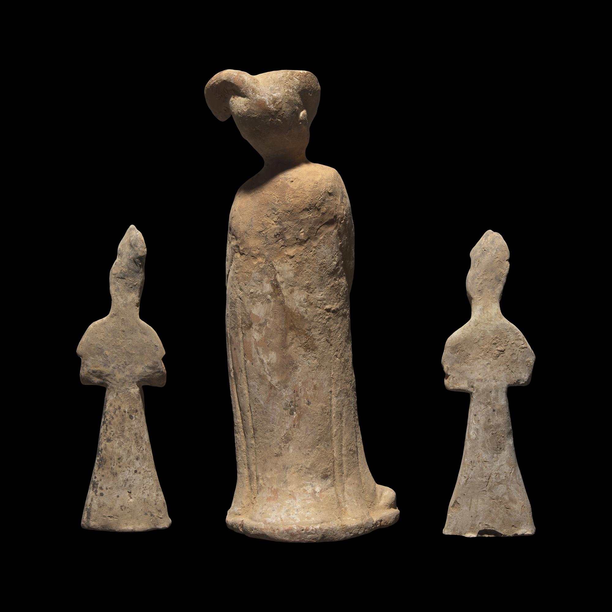 Three Chinese Pottery Figures of Court Ladies, Possibly Tang Dynasty 或 為 唐 彩陶侍女俑三尊