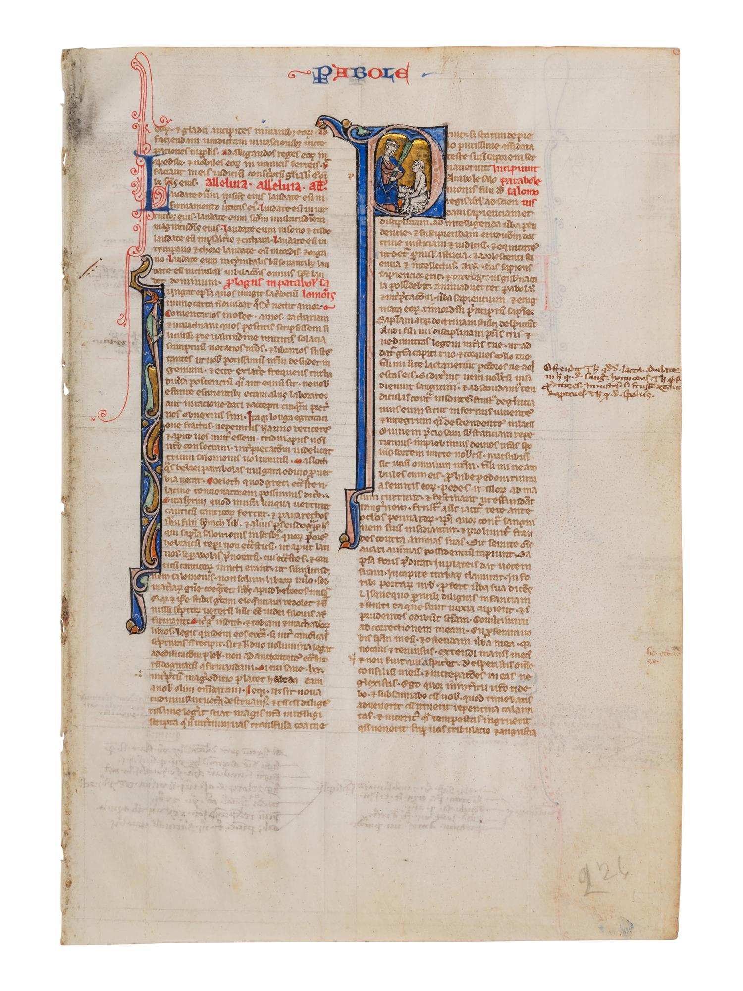 VIE DE SAINT DENIS ATELIER (active Paris, c. 1240-1260) Four leaves from a Bible, including one spectacular historiated initial ‘I’ of the Six Days of Creation and Christ Blessing, one historiated initial ‘D’ of David in Prayer, and one historiated initial D of Solomon with a rod, in Latin, illuminated manuscript on parchment [France, Paris, c. 1240-1260]