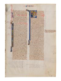 VIE DE SAINT DENIS ATELIER (active Paris, c. 1240-1260) Four leaves from a Bible, including one spectacular historiated initial ‘I’ of the Six Days of Creation and Christ Blessing, one historiated initial ‘D’ of David in Prayer, and one historiated initial D of Solomon with a rod, in Latin, illuminated manuscript on parchment [France, Paris, c. 1240-1260]