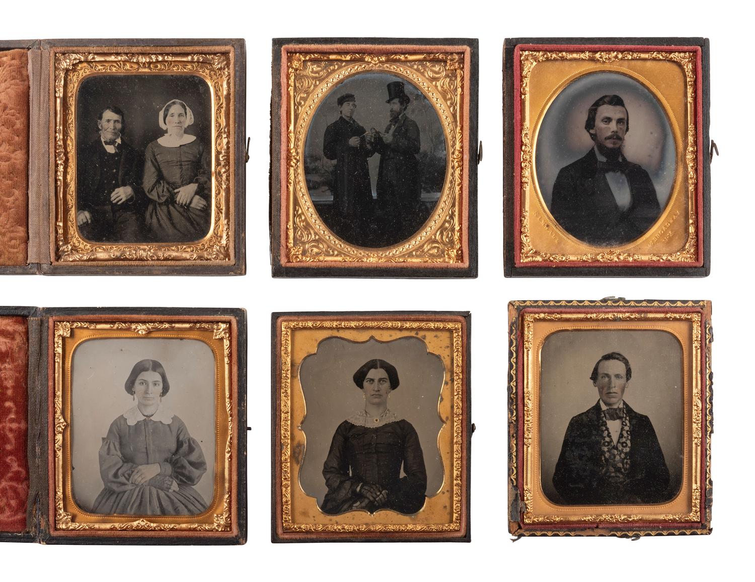 [EARLY PHOTOGRAPHY]. 38 sixth plate ambrotype and tintype portraits of men, women, and children.