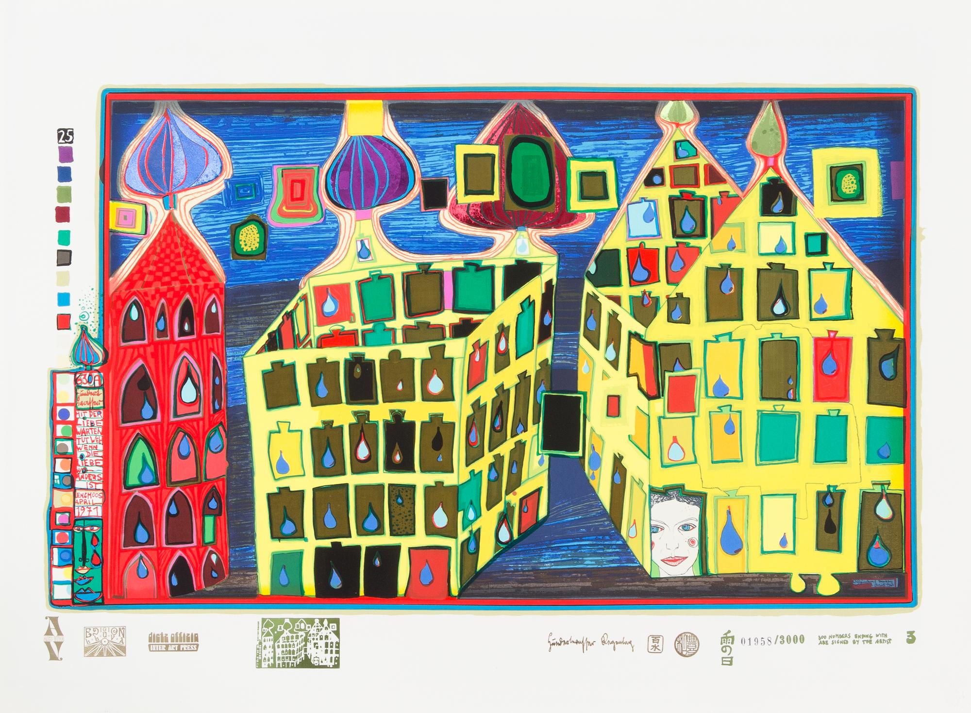 Friedensreich Hundertwasser, (Austrian, 1928-2000), Look at it on a Rainy Day (Regentag Portfolio), 1971-72