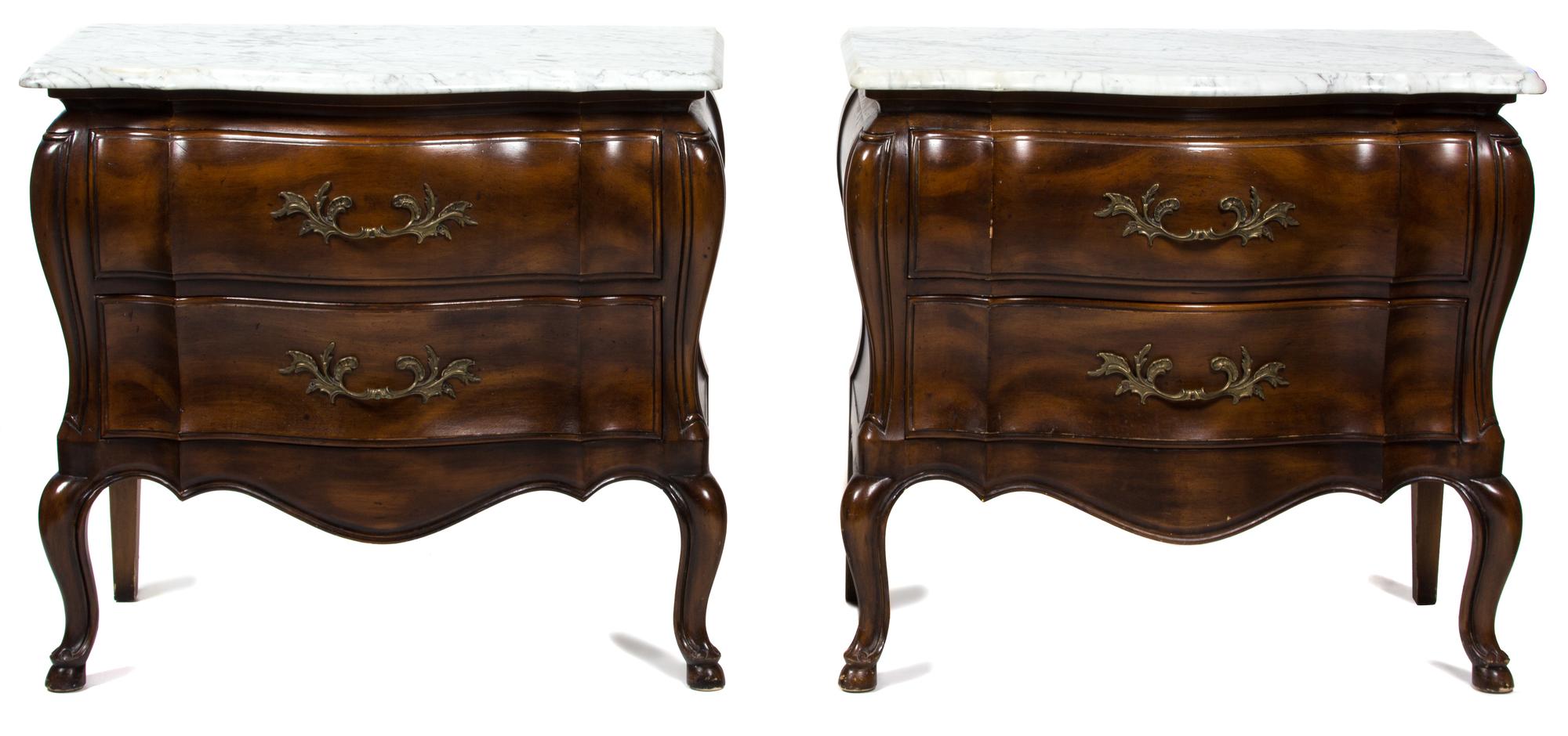 A Pair of Louis XV Style Mahogany Bombe Commodes Height 26 3/4 x width 30 x depth 15 inches. — 20TH CENTURY