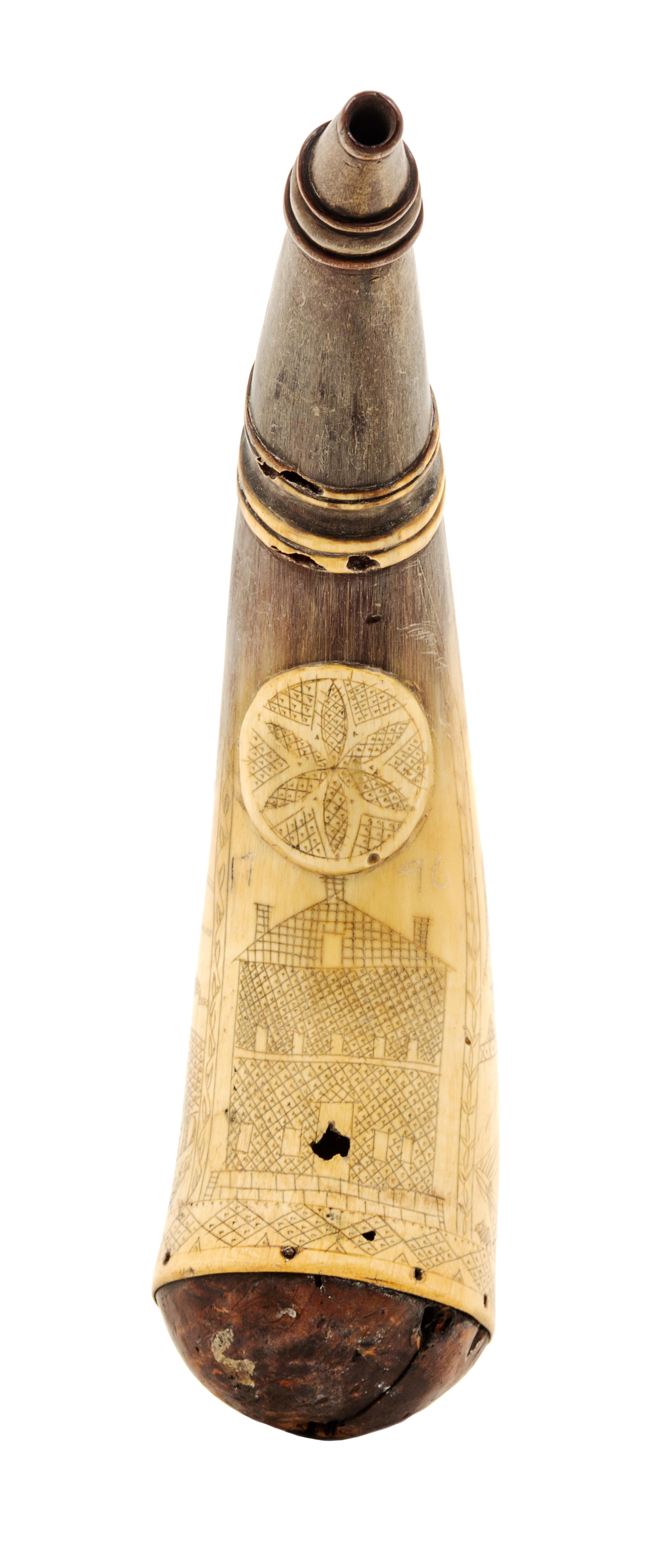 An American Folk Decorated Powder Horn Length 11 1/2 inches. — CIRCA 1776