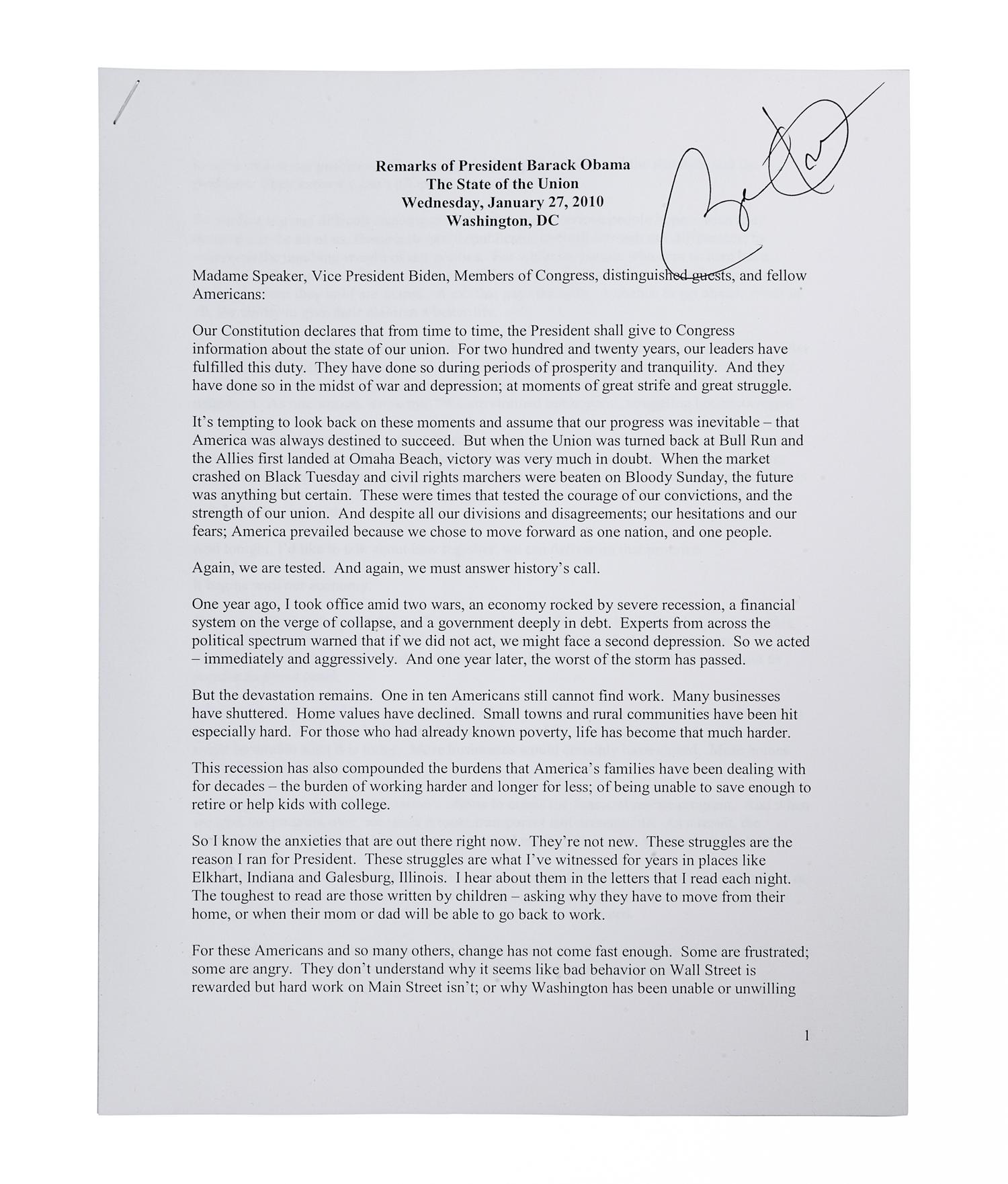 OBAMA, Barack. Duplicated typescript of his State of the Union Address, delivered on January 27, 2010. [N.d.]. 13 pp., 4to. SIGNED BY OBAMA at head of the first page. Stapled at upper left corner; housed in calf folding case.