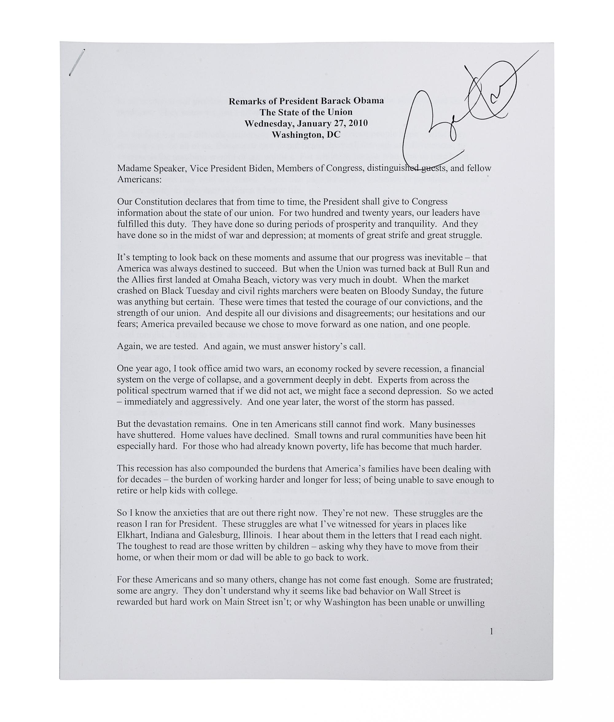 OBAMA, Barack. Duplicated typescript of his State of the Union Address, delivered on January 27, 2010. [N.d.]. 13 pp., 4to. SIGNED BY OBAMA at head of the first page. Stapled at upper left corner; housed in calf folding case.