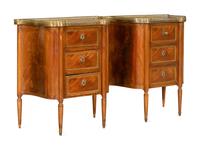 A Pair of Louis XVI Style Brass-Mounted Mahogany Side Cabinets with Marble Tops