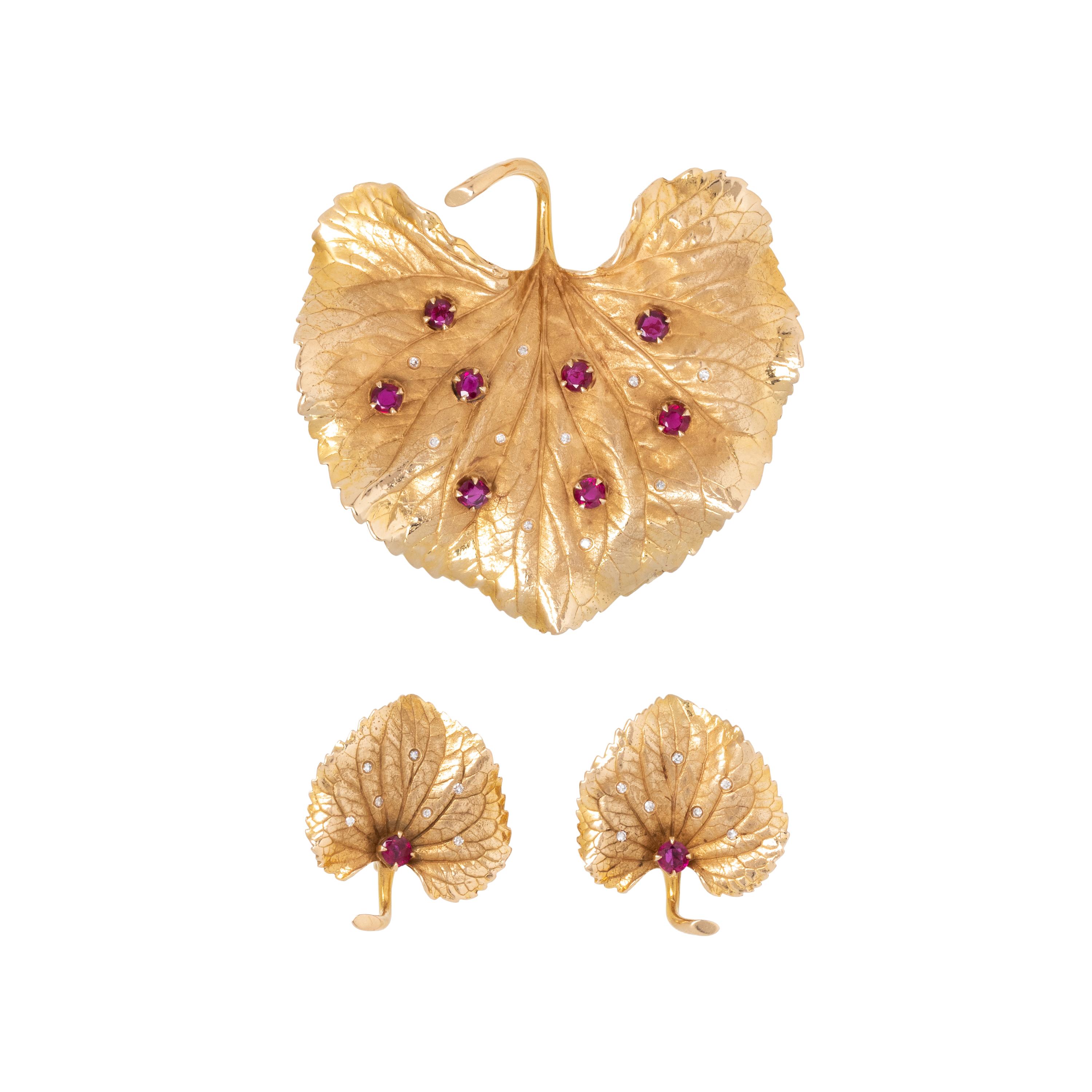 YELLOW GOLD, RUBY AND DIAMOND LEAF SET