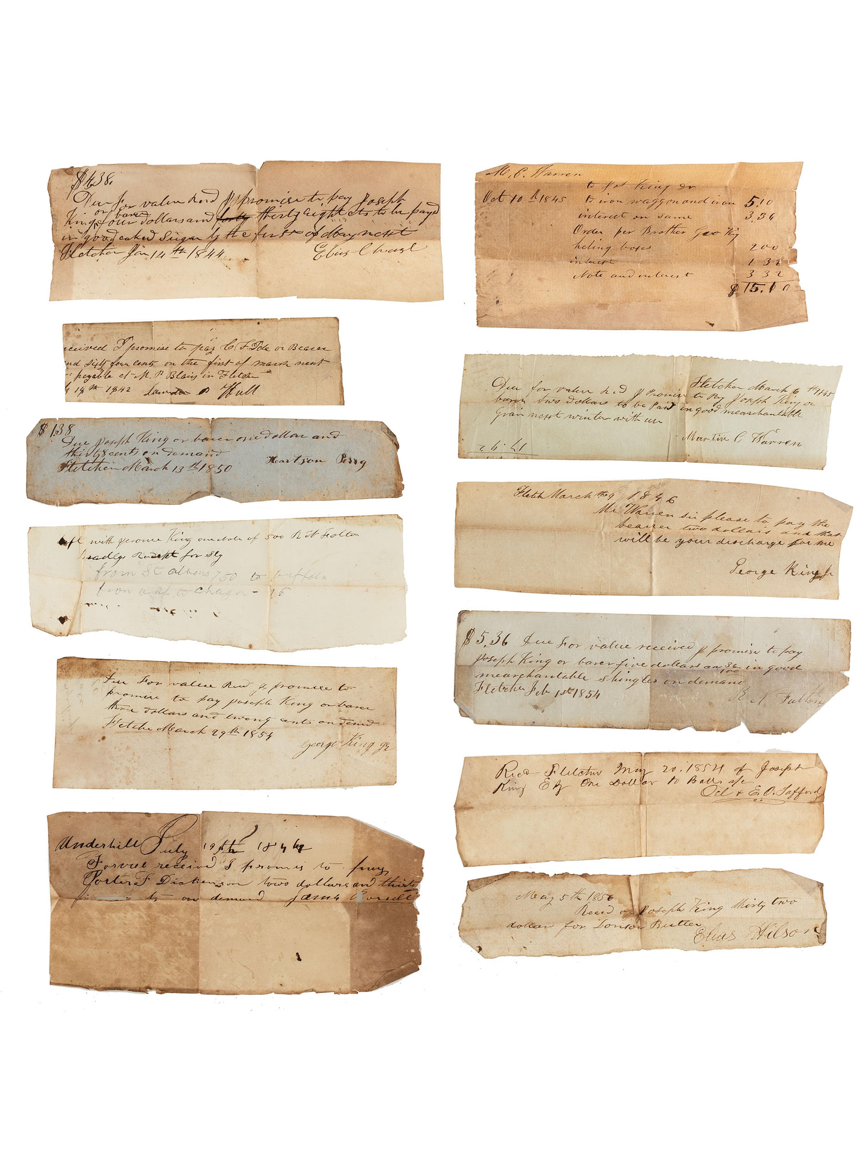 [VERMONT] -- [ILLINOIS]. Document wallet with patriotic motif and archive of business documents identified to blacksmith Joseph King (1812-1892).