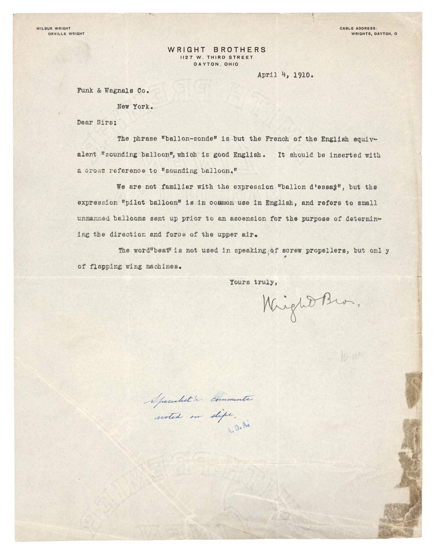 [WRIGHT BROTHERS]. WRIGHT, Wilbur (1867-1912). Typed letter signed ("Wright Bros."), to Funk & Wagnals Co. (sic). Dayton, HO, 4 April 1910.