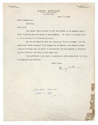 [WRIGHT BROTHERS]. WRIGHT, Wilbur (1867-1912). Typed letter signed ("Wright Bros."), to Funk & Wagnals Co. (sic). Dayton, HO, 4 April 1910.