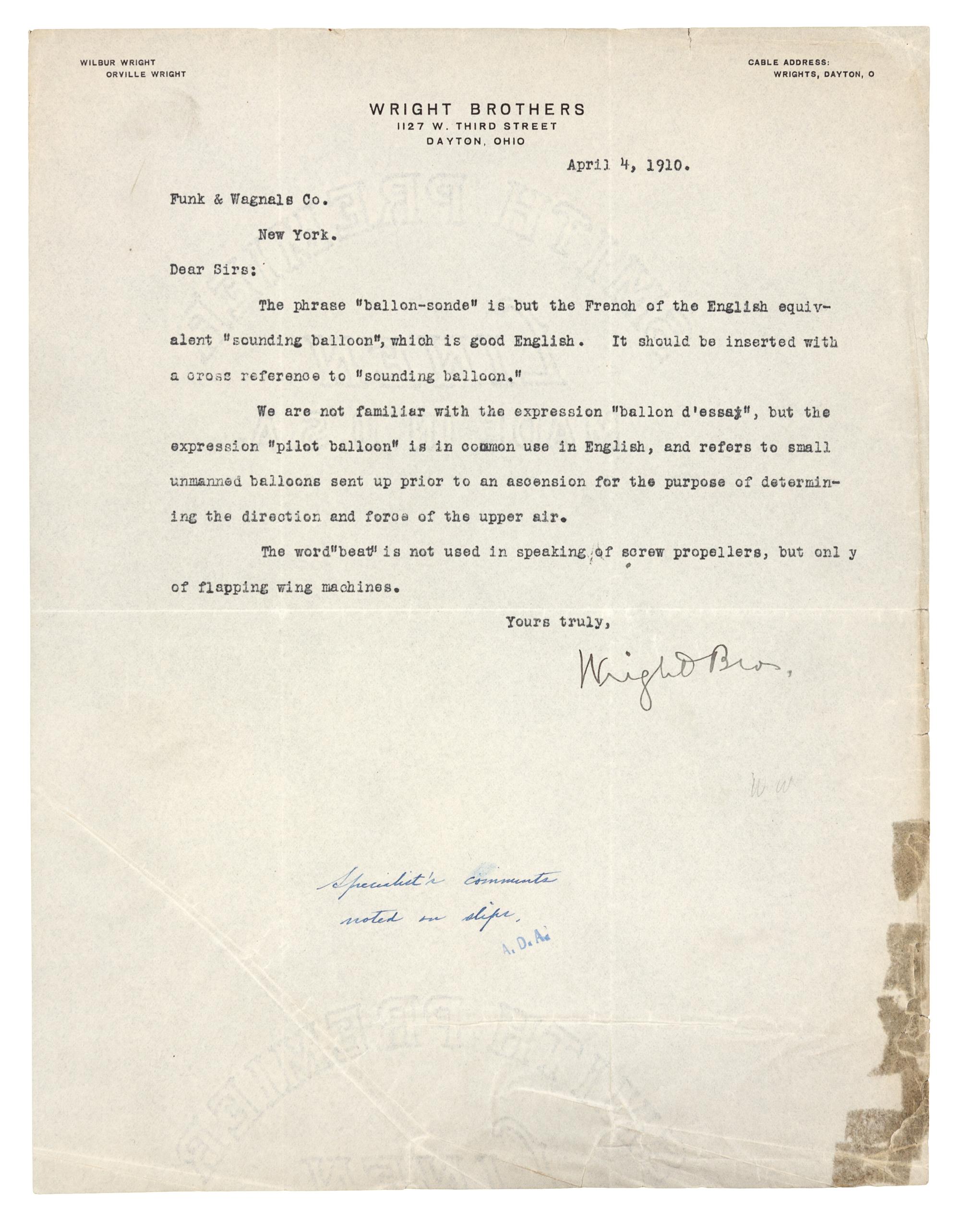[WRIGHT BROTHERS]. WRIGHT, Wilbur (1867-1912). Typed letter signed ("Wright Bros."), to Funk & Wagnals Co. (sic). Dayton, HO, 4 April 1910.