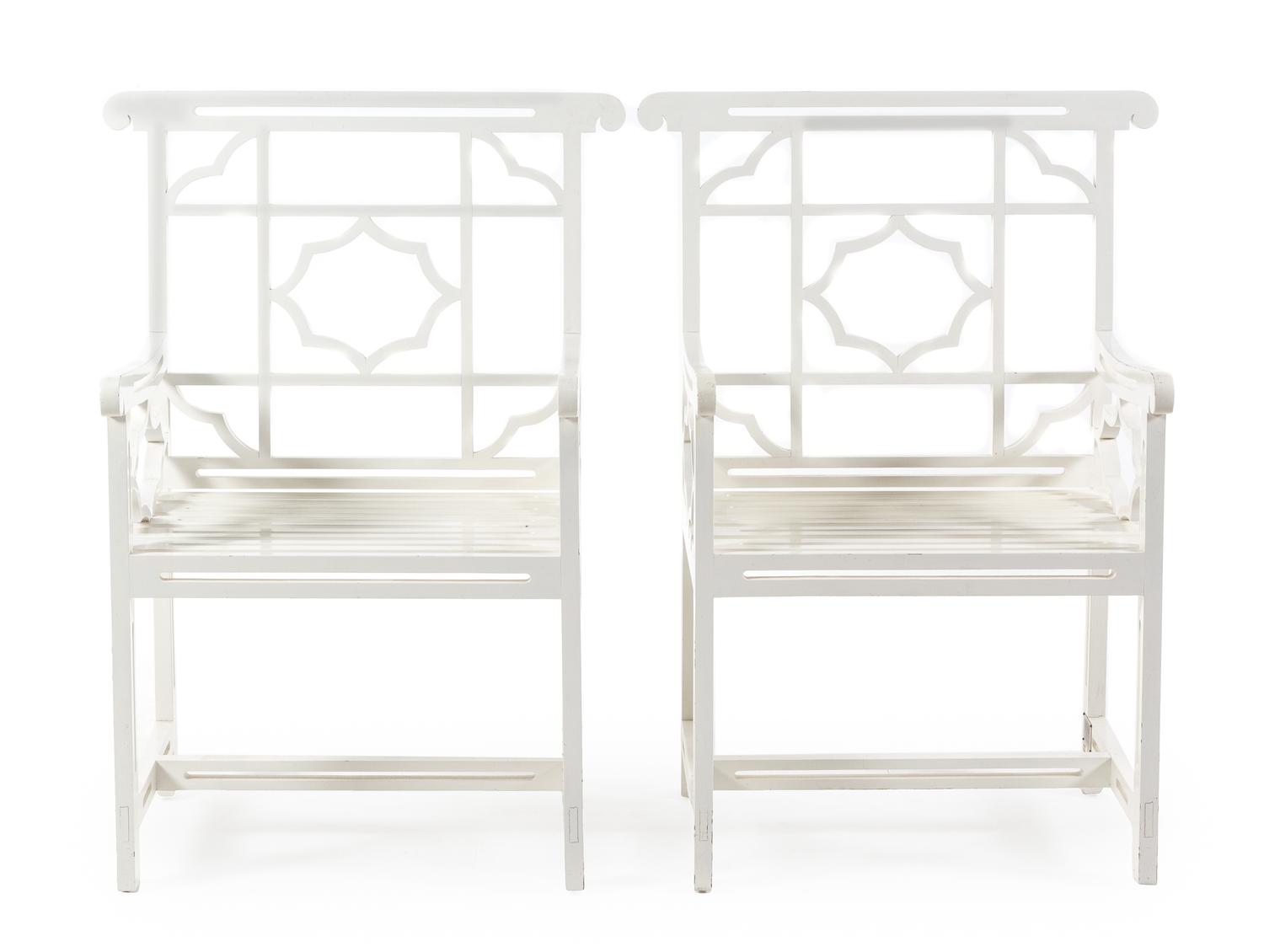 A Pair of Chatsworth Estate White Painted Garden Chairs Height 40 inches. — MID-20TH CENTURY