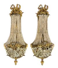 A Pair of French Glass Beaded Gilt Metal Sconces Height 24 inches. — LATE 19TH CENTURY
