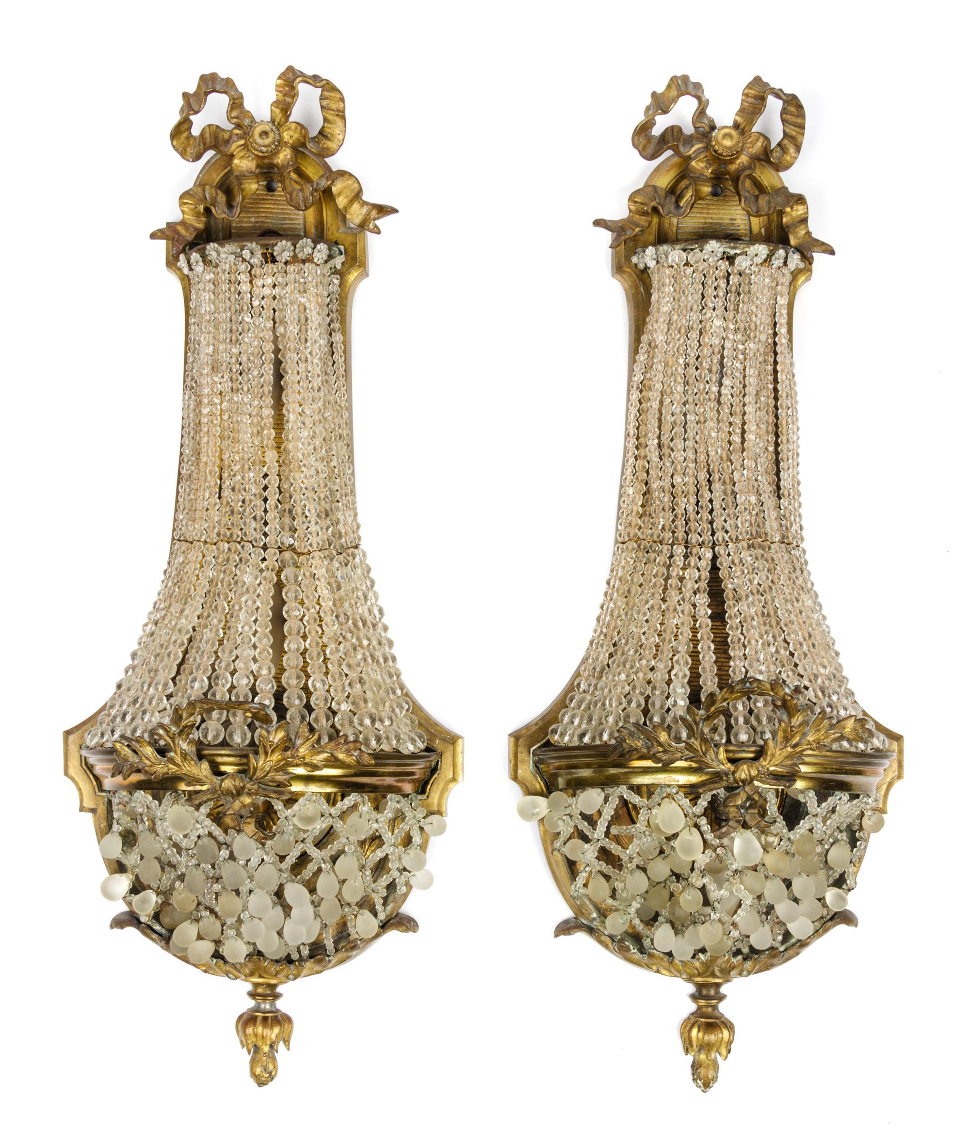 A Pair of French Glass Beaded Gilt Metal Sconces Height 24 inches. — LATE 19TH CENTURY