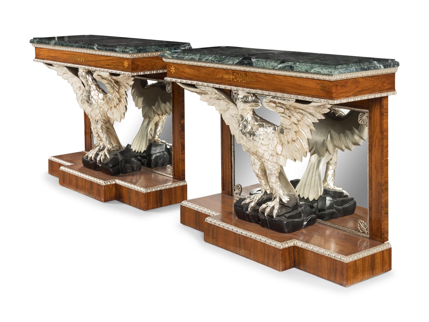 A Pair of Regency Style Rosewood, Brass-Inlaid, Carved and Silvered Marble-Top Console Tables