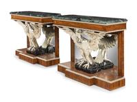 A Pair of Regency Style Rosewood, Brass-Inlaid, Carved and Silvered Marble-Top Console Tables
