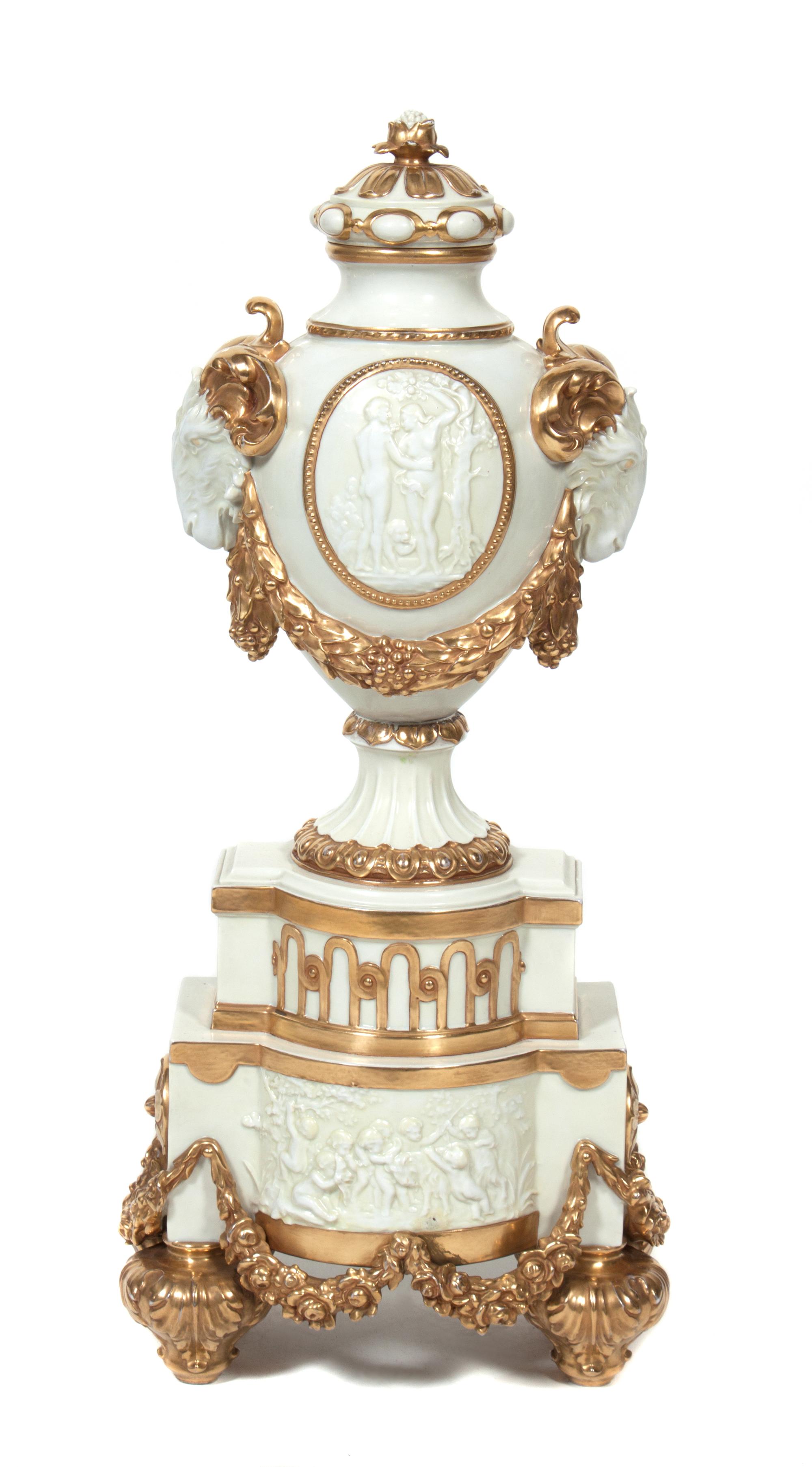 A Continental Gilt Decorated Ceramic Vase Height 25 inches. — 20TH CENTURY