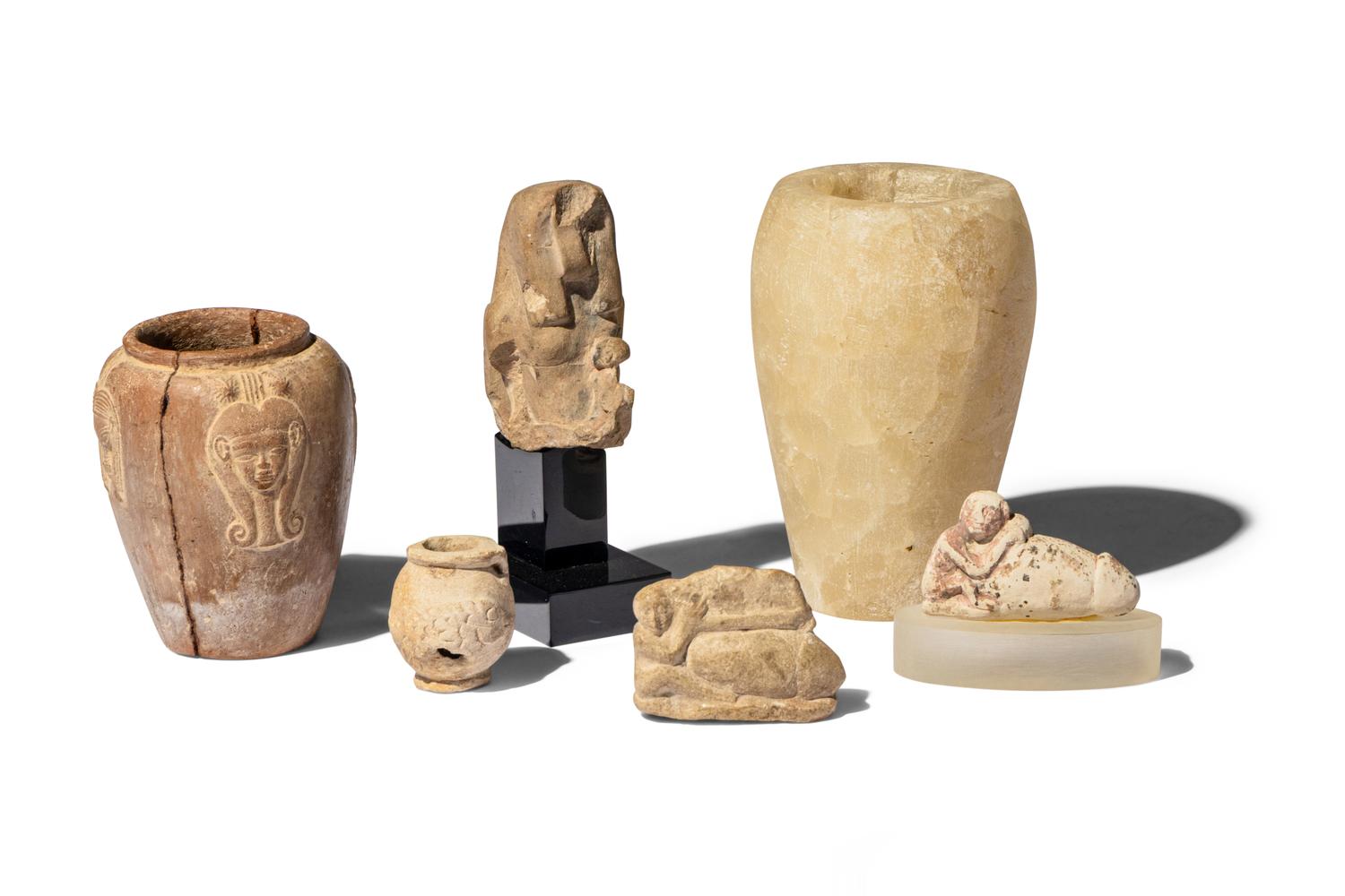 Six Egyptian Stone Vessels and Figures