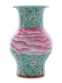 A Chinese Famille Rose Turquoise Ground Pink 'Ribbon' Vase